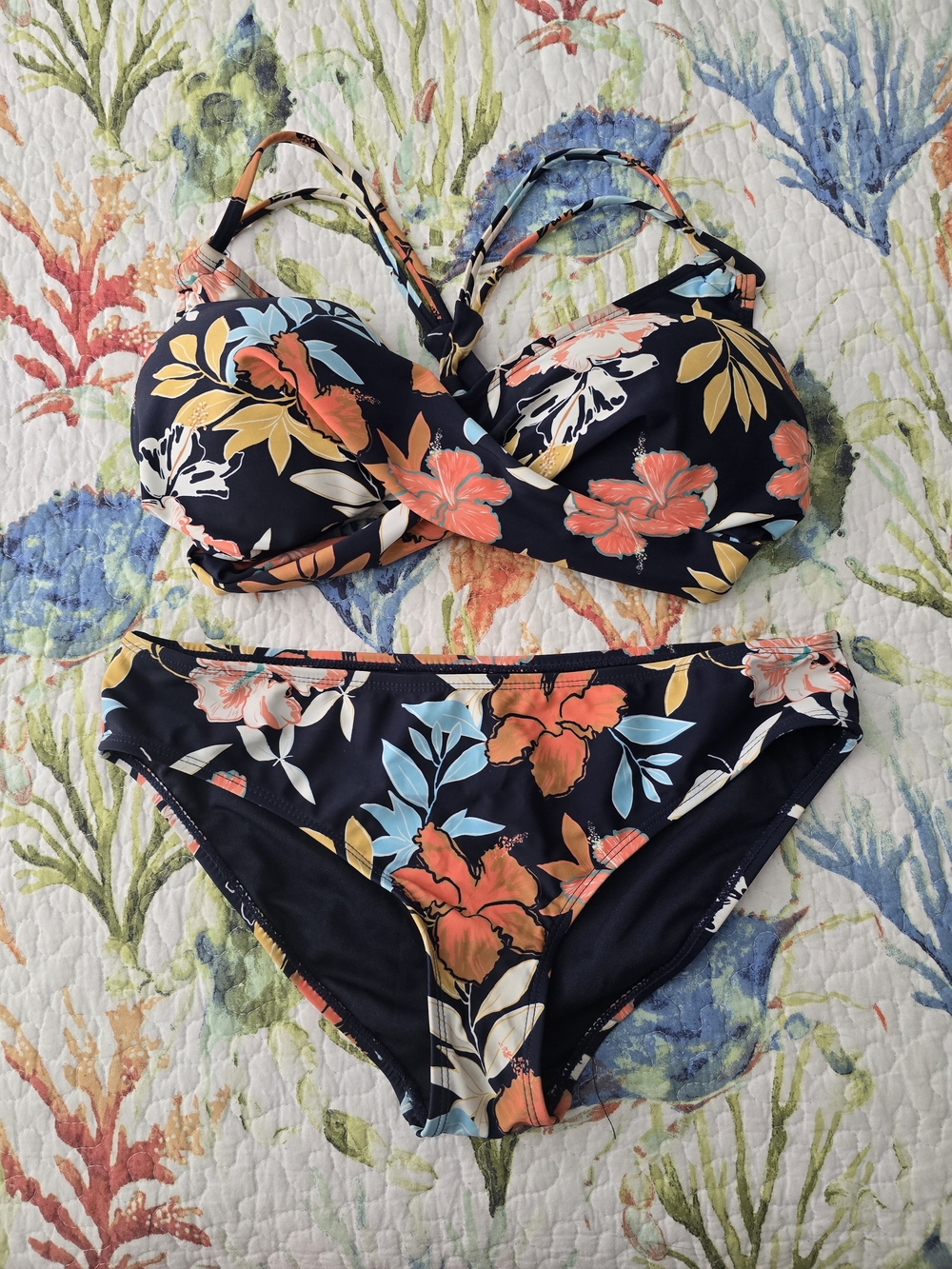 Navy Floral Two-Piece Bikini Set - Coral & Mustard Blooms